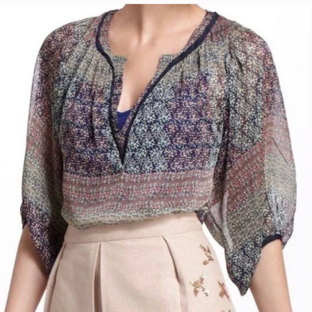 Anthropologie Maeve Poppy Print Pull Over 3/4 Length Sleeves V-neck Blouse Sz XS